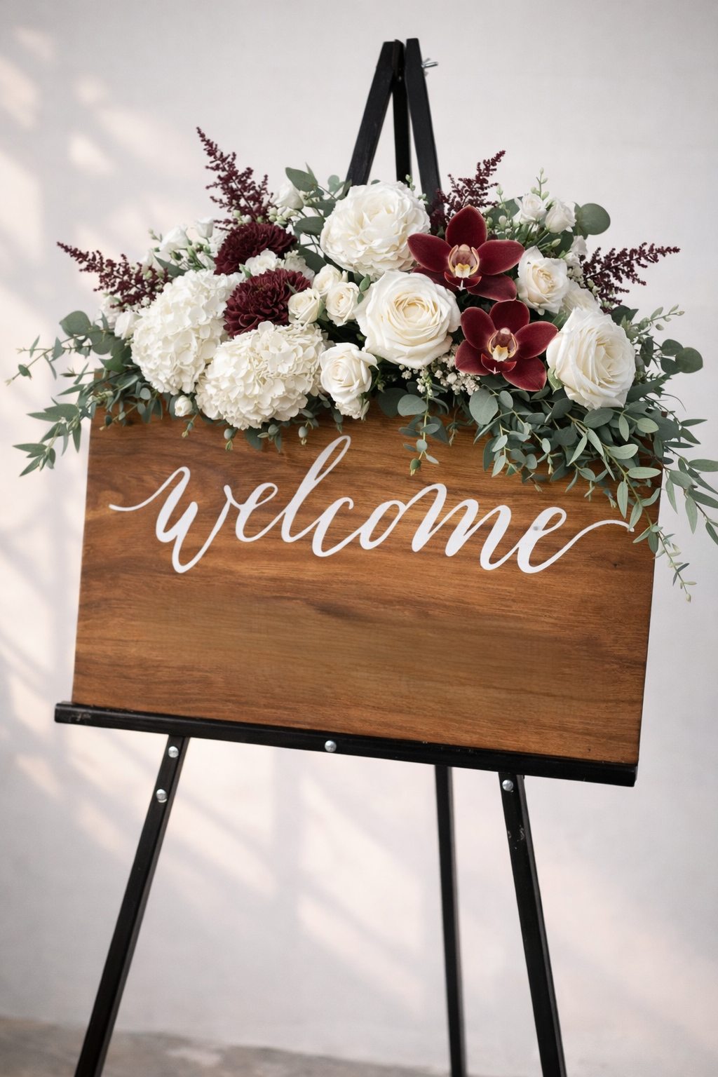 White Merlot Welcome Sign Arrangement
